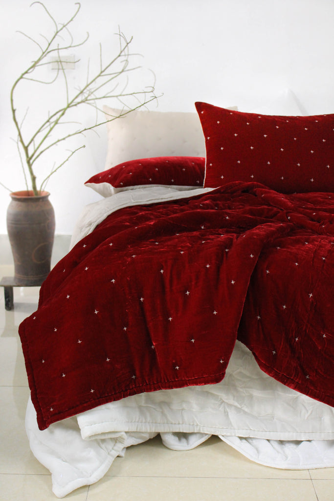 Velvet Quilt Comforter and Pillowcases Red Rose Luala Silk Hand made Custom size