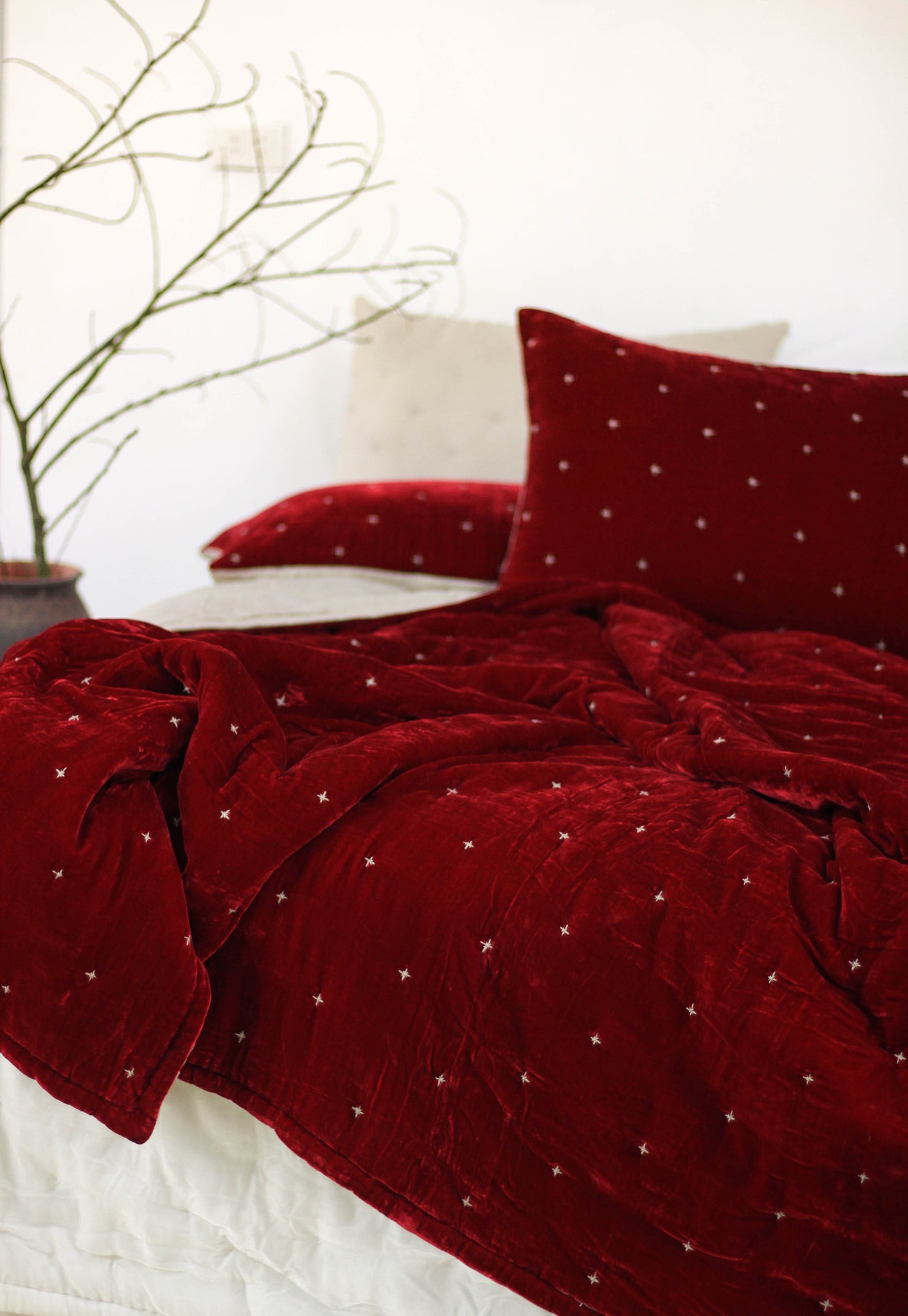 Silk Velvet Hand Quilted Duvet- Plus Hand Crochet Blanket -Red Rose
