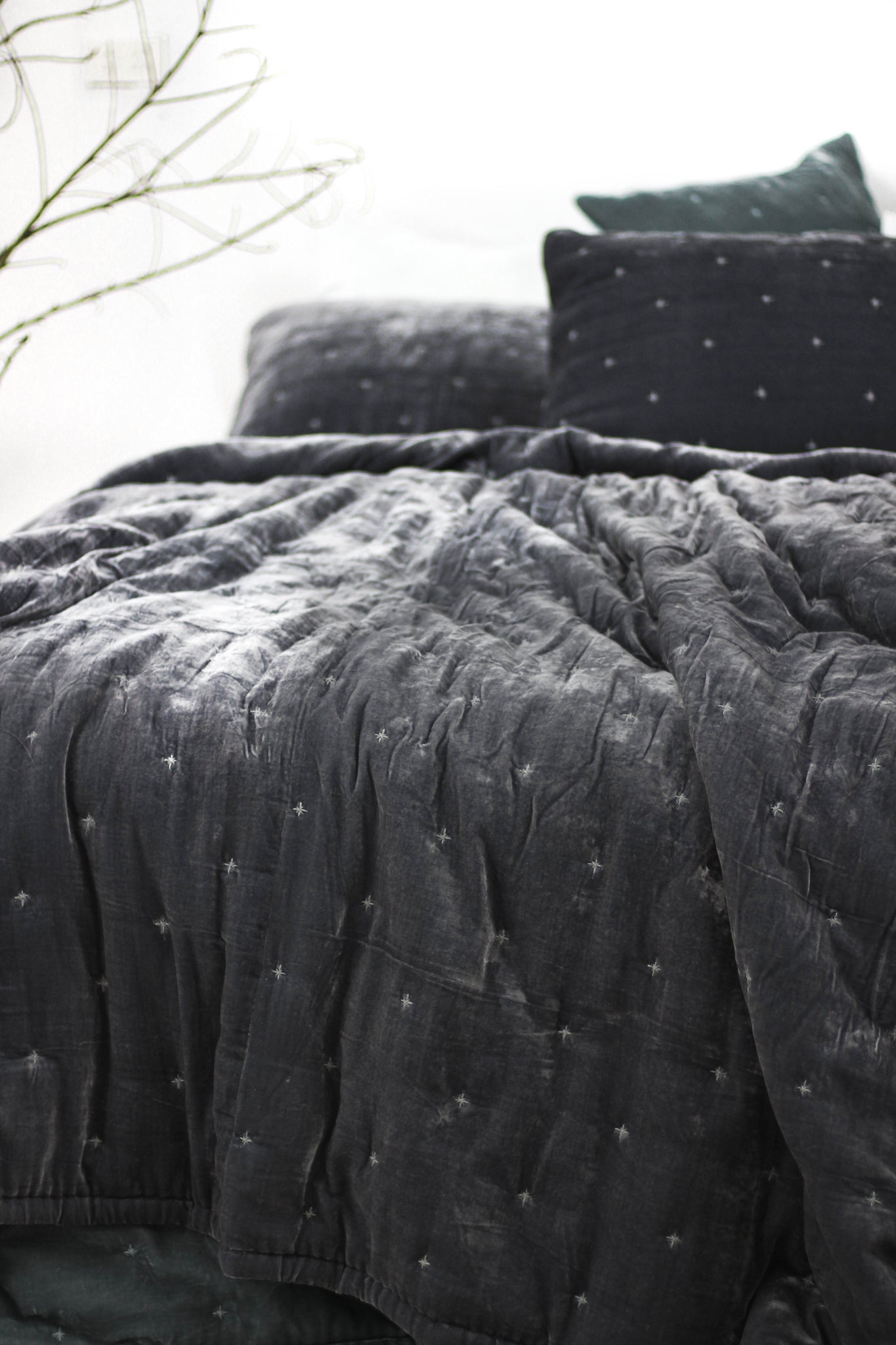 Silk Velvet Hand Quilted Duvet- Gray Throw Blanket with Starry Hand Stitching