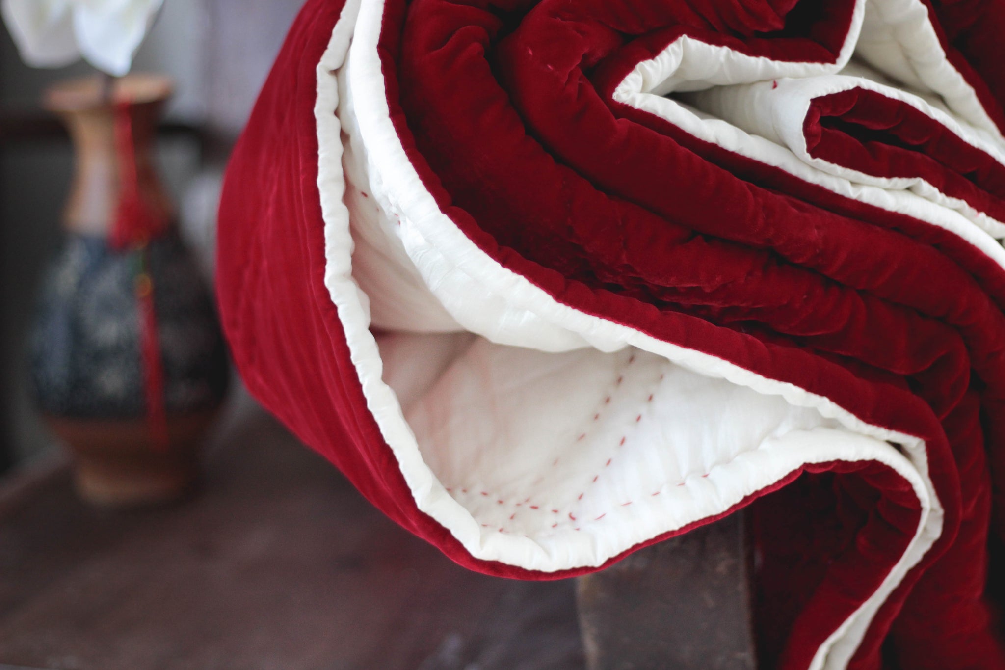 Silk Velvet Hand Quilted Duvet Coverlet -Double Diamond Hand Stitching- Red Rose