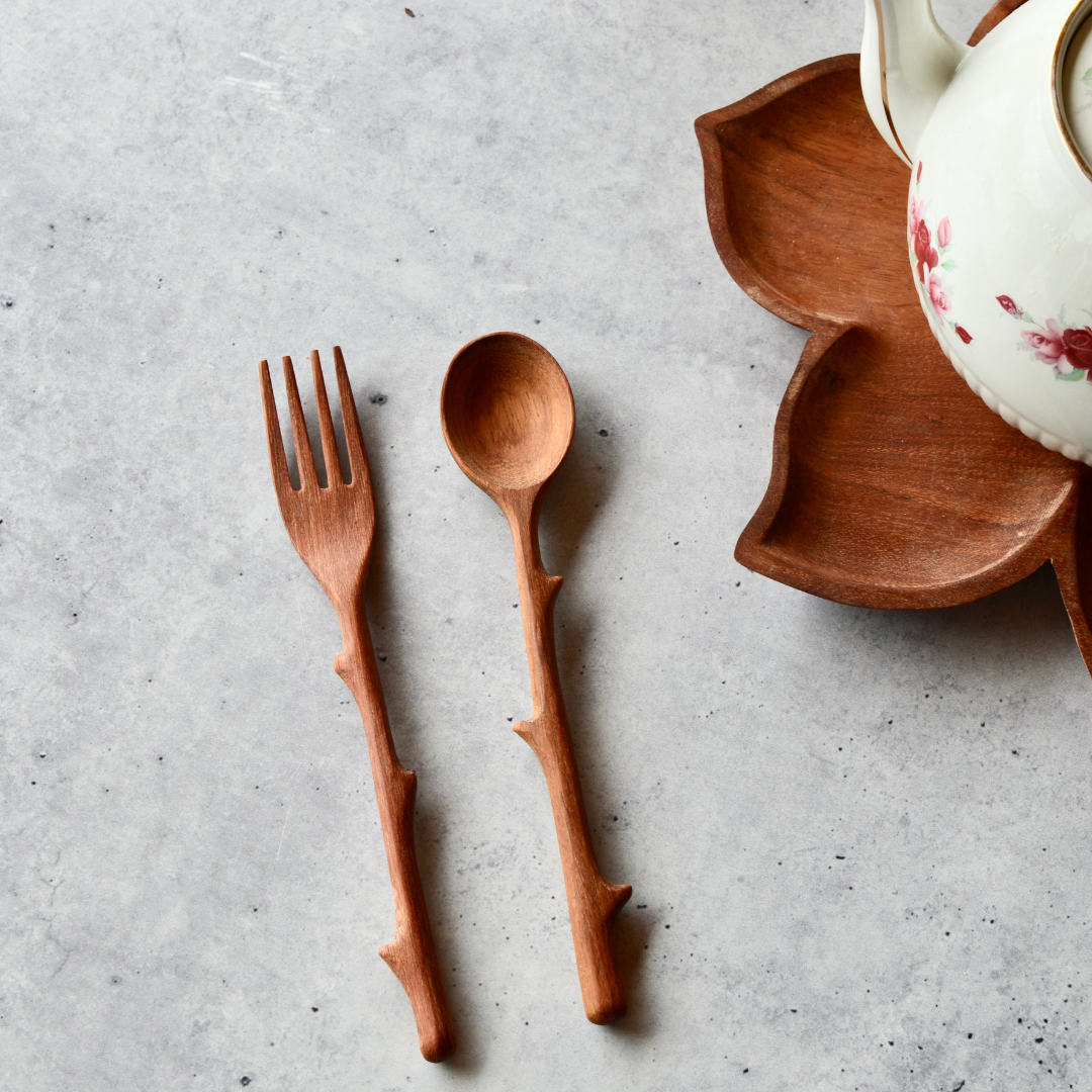 Wooden Spoon and Fork- Redwood-Rose Thorn