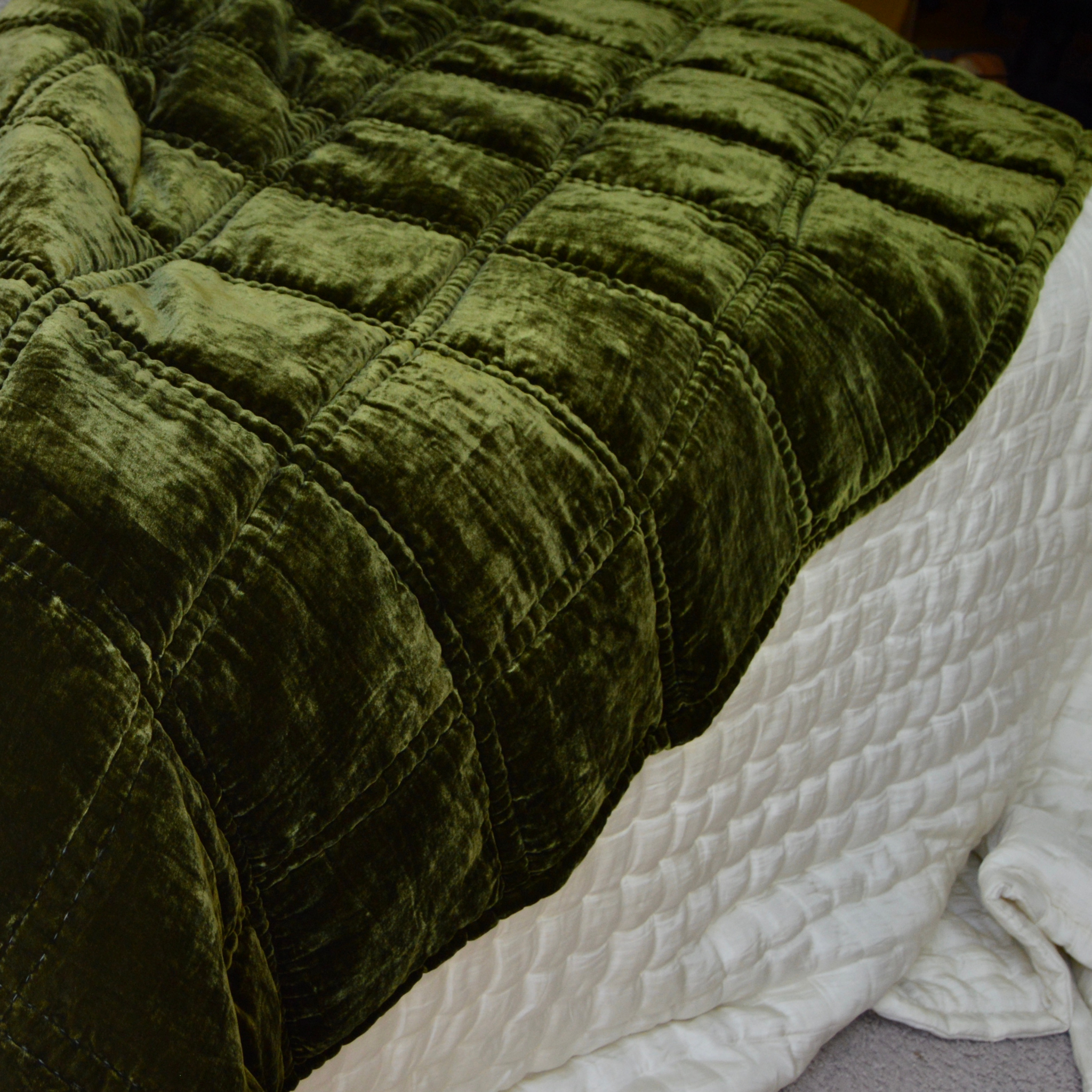 Silk Velvet Hand Quilted Throw Personal Blanket- Best Comforter Set - Big Square Hand Stitch-Olive Drab