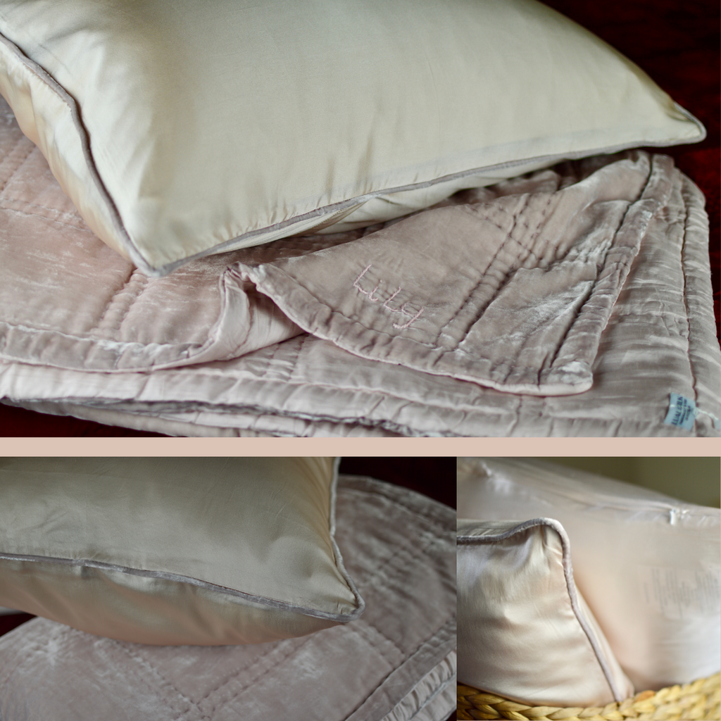 personalize blanket throw plush mulberry silk blush pink artisanmade vietnam handcraft handembroidery washable silk