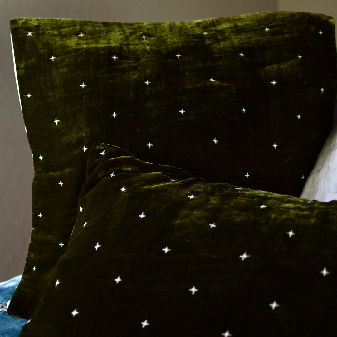 Silk Velvet Pillowcase Euro Sham-Starry hand stitch- Olive Drab