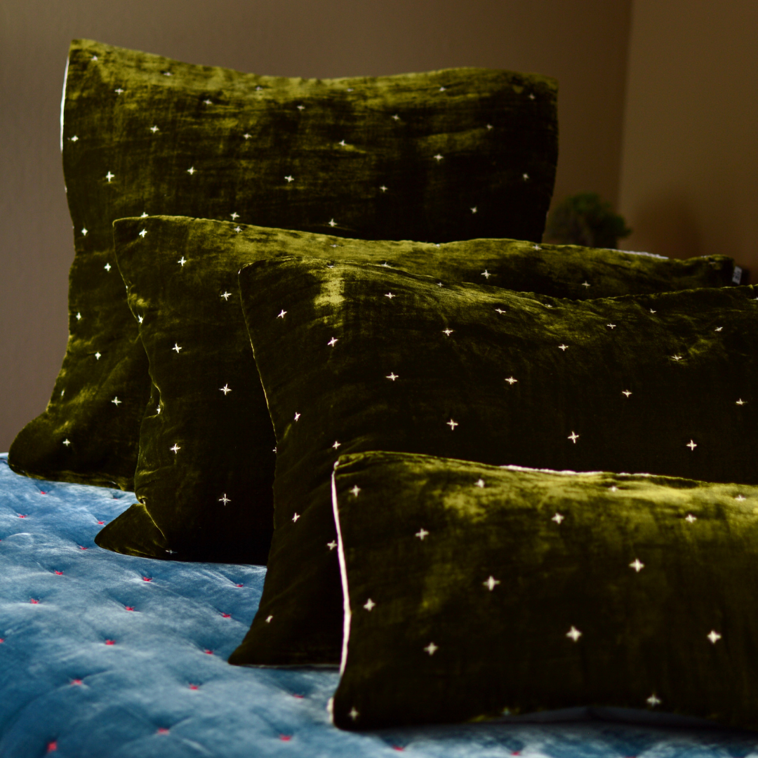 Silk Velvet Pillowcase Euro Sham-Starry hand stitch- Olive Drab