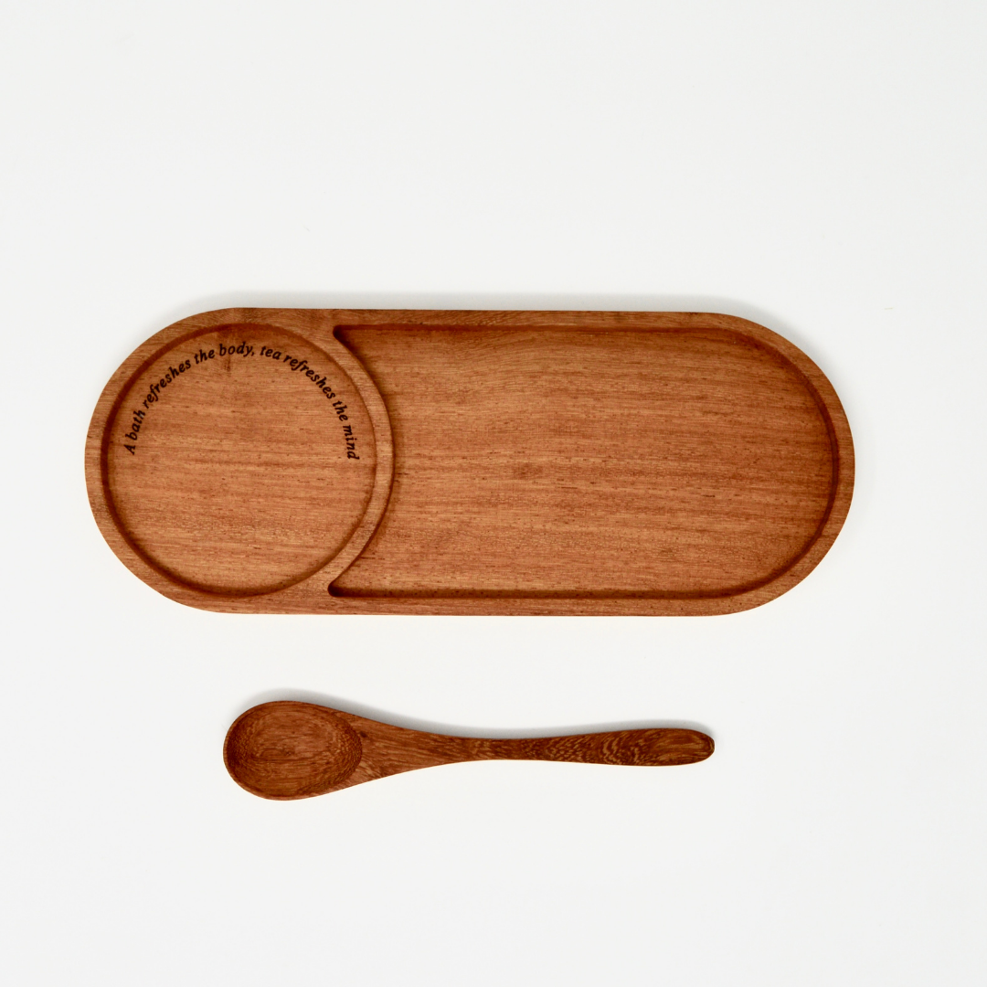 Handicraft wooden tray oval natural handmade vietnam artisans best unique gift personalize engraving monogram free hand carved serving tray and mug and spoon set